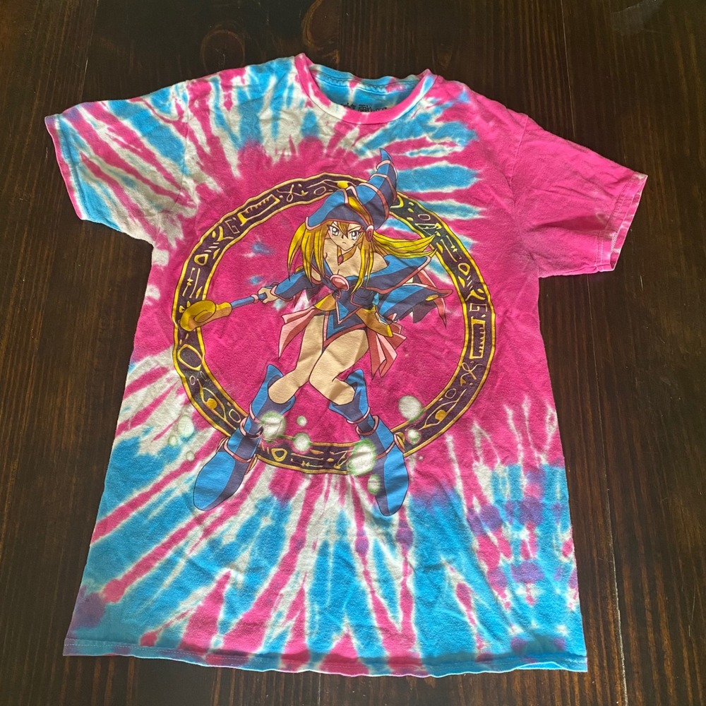 Vintage Yu-Gi-Oh Dark Magician Girl Tie Dye Graphic T-Shirt 90s Pink Blue Small